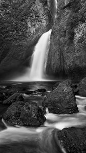 Preview wallpaper waterfall, river, stones, rocks, black and white