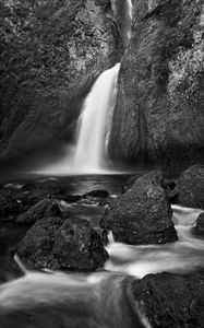 Preview wallpaper waterfall, river, stones, rocks, black and white