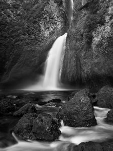 Preview wallpaper waterfall, river, stones, rocks, black and white