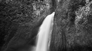 Preview wallpaper waterfall, river, stones, rocks, black and white