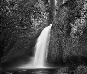 Preview wallpaper waterfall, river, stones, rocks, black and white