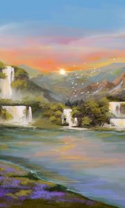 Preview wallpaper waterfall, river, sunset, birds, landscape, art