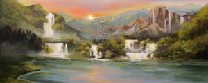 Preview wallpaper waterfall, river, sunset, birds, landscape, art