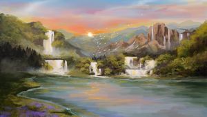 Preview wallpaper waterfall, river, sunset, birds, landscape, art