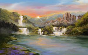 Preview wallpaper waterfall, river, sunset, birds, landscape, art