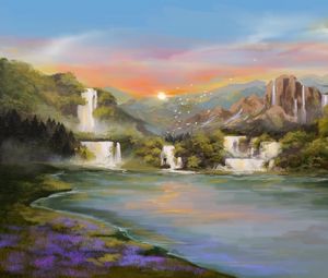 Preview wallpaper waterfall, river, sunset, birds, landscape, art