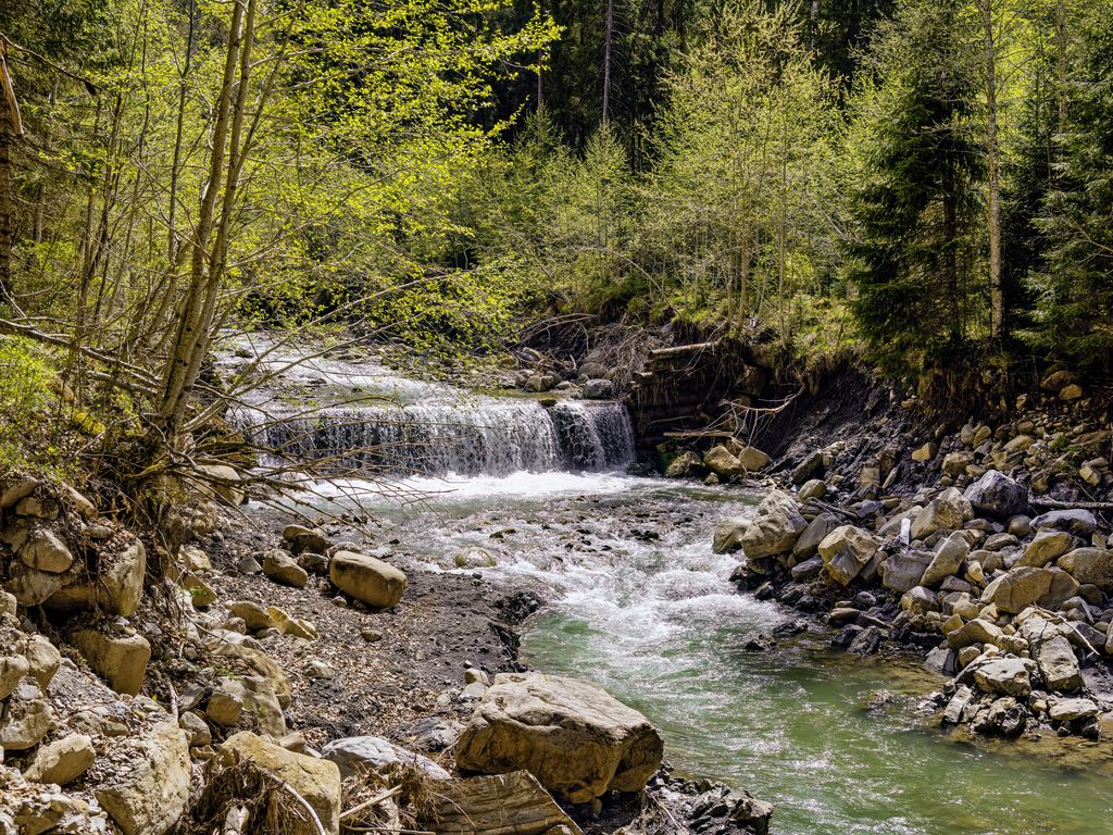 1024x768 Wallpaper waterfall, river, trees, rocks, forest, nature