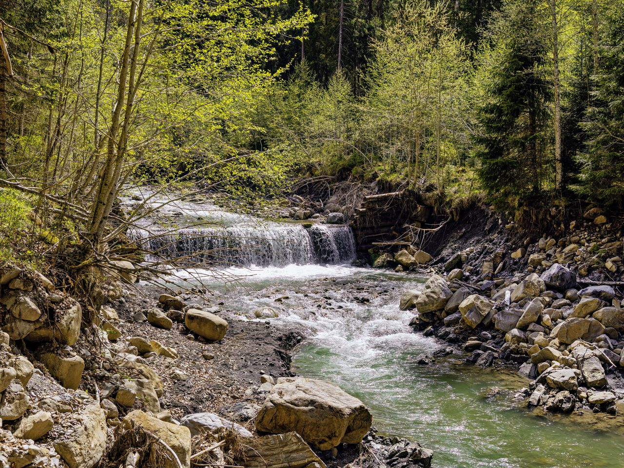 1280x960 Wallpaper waterfall, river, trees, rocks, forest, nature