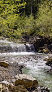 Preview wallpaper waterfall, river, trees, rocks, forest, nature