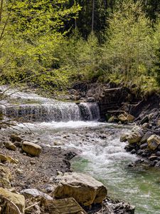 Preview wallpaper waterfall, river, trees, rocks, forest, nature