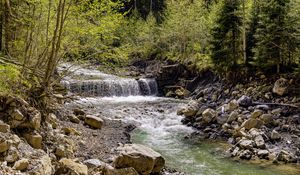 Preview wallpaper waterfall, river, trees, rocks, forest, nature