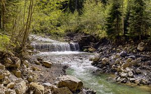 Preview wallpaper waterfall, river, trees, rocks, forest, nature