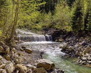 Preview wallpaper waterfall, river, trees, rocks, forest, nature