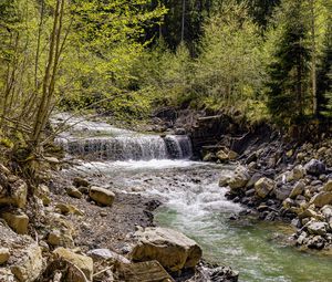 Preview wallpaper waterfall, river, trees, rocks, forest, nature