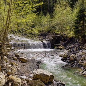 Preview wallpaper waterfall, river, trees, rocks, forest, nature