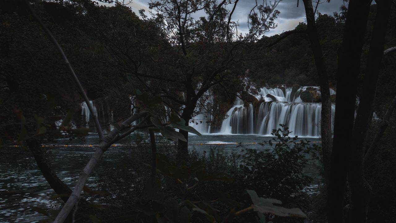 Wallpaper waterfall, river, trees, bushes, nature