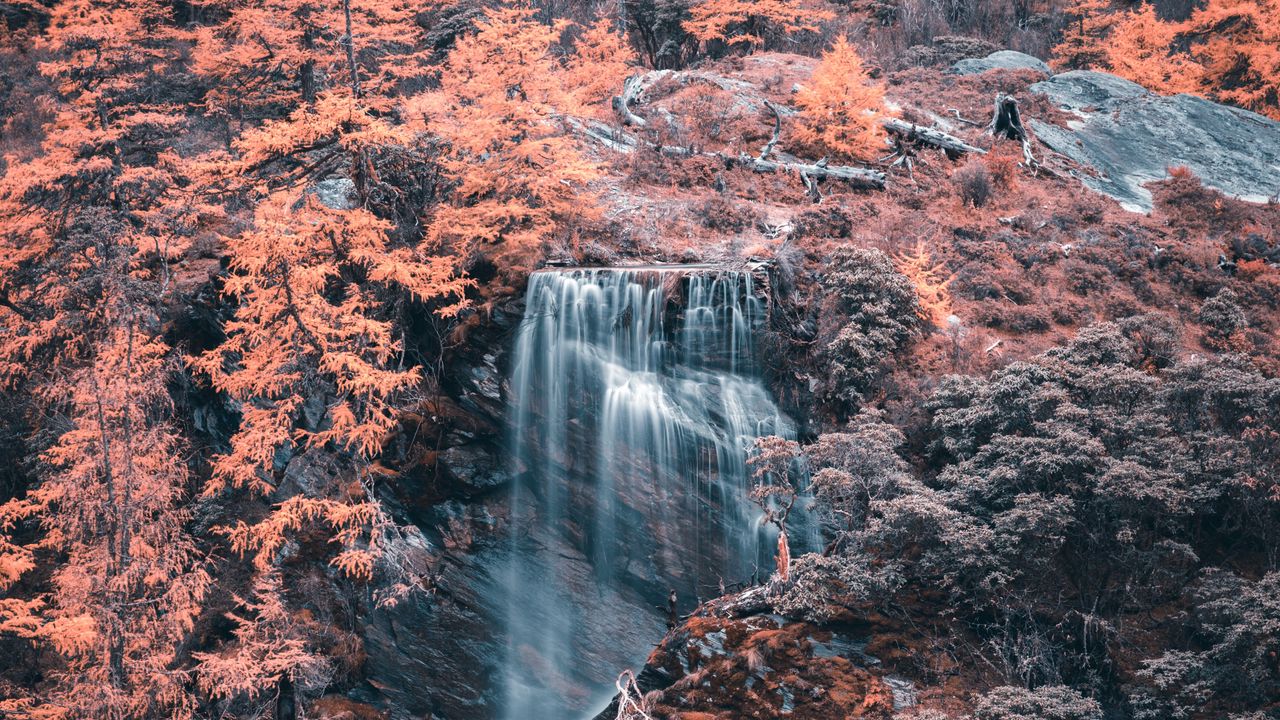 Wallpaper waterfall, river, trees, rocks, aerial view