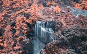 Preview wallpaper waterfall, river, trees, rocks, aerial view