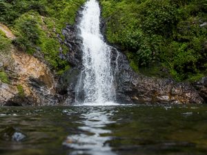 Preview wallpaper waterfall, river, water, moss, greenery