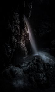 Preview wallpaper waterfall, rock, cave, dark