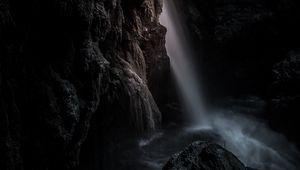 Preview wallpaper waterfall, rock, cave, dark