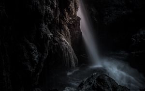 Preview wallpaper waterfall, rock, cave, dark