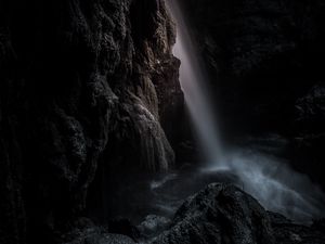 Preview wallpaper waterfall, rock, cave, dark