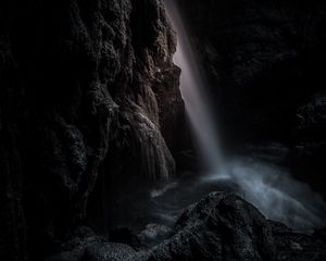 Preview wallpaper waterfall, rock, cave, dark
