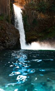 Preview wallpaper waterfall, rock, cliff, stone, water, spray