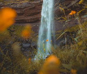 Preview wallpaper waterfall, rock, cliff, grass, flowers, nature