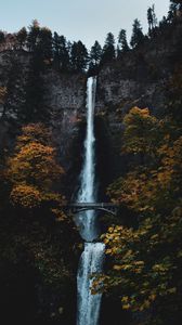 Preview wallpaper waterfall, rock, cliff, trees, bridge