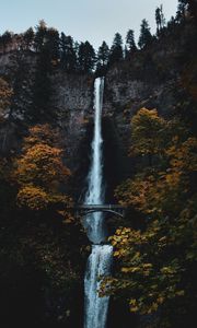 Preview wallpaper waterfall, rock, cliff, trees, bridge