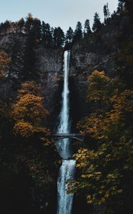 Preview wallpaper waterfall, rock, cliff, trees, bridge