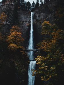 Preview wallpaper waterfall, rock, cliff, trees, bridge