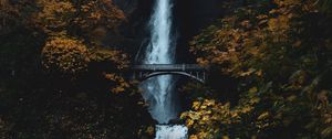 Preview wallpaper waterfall, rock, cliff, trees, bridge