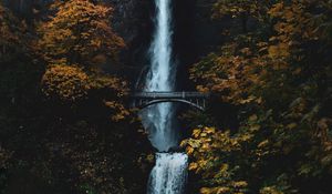 Preview wallpaper waterfall, rock, cliff, trees, bridge