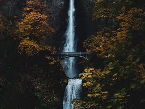 Preview wallpaper waterfall, rock, cliff, trees, bridge