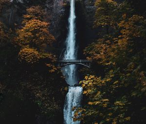 Preview wallpaper waterfall, rock, cliff, trees, bridge