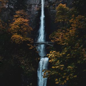 Preview wallpaper waterfall, rock, cliff, trees, bridge