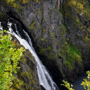 Preview wallpaper waterfall, rock, cliff, trees, nature