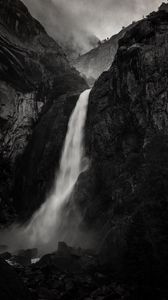 Preview wallpaper waterfall, rock, cliff, black and white, landscape