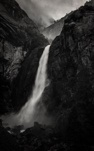 Preview wallpaper waterfall, rock, cliff, black and white, landscape