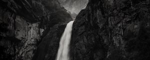 Preview wallpaper waterfall, rock, cliff, black and white, landscape