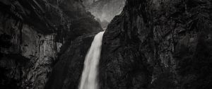 Preview wallpaper waterfall, rock, cliff, black and white, landscape