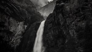 Preview wallpaper waterfall, rock, cliff, black and white, landscape