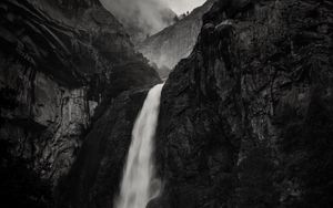 Preview wallpaper waterfall, rock, cliff, black and white, landscape