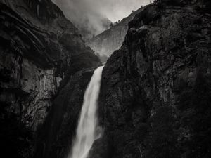 Preview wallpaper waterfall, rock, cliff, black and white, landscape