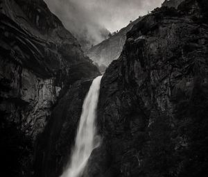 Preview wallpaper waterfall, rock, cliff, black and white, landscape