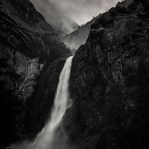 Preview wallpaper waterfall, rock, cliff, black and white, landscape