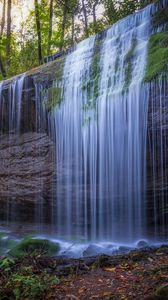 Preview wallpaper waterfall, rock, grass, trees